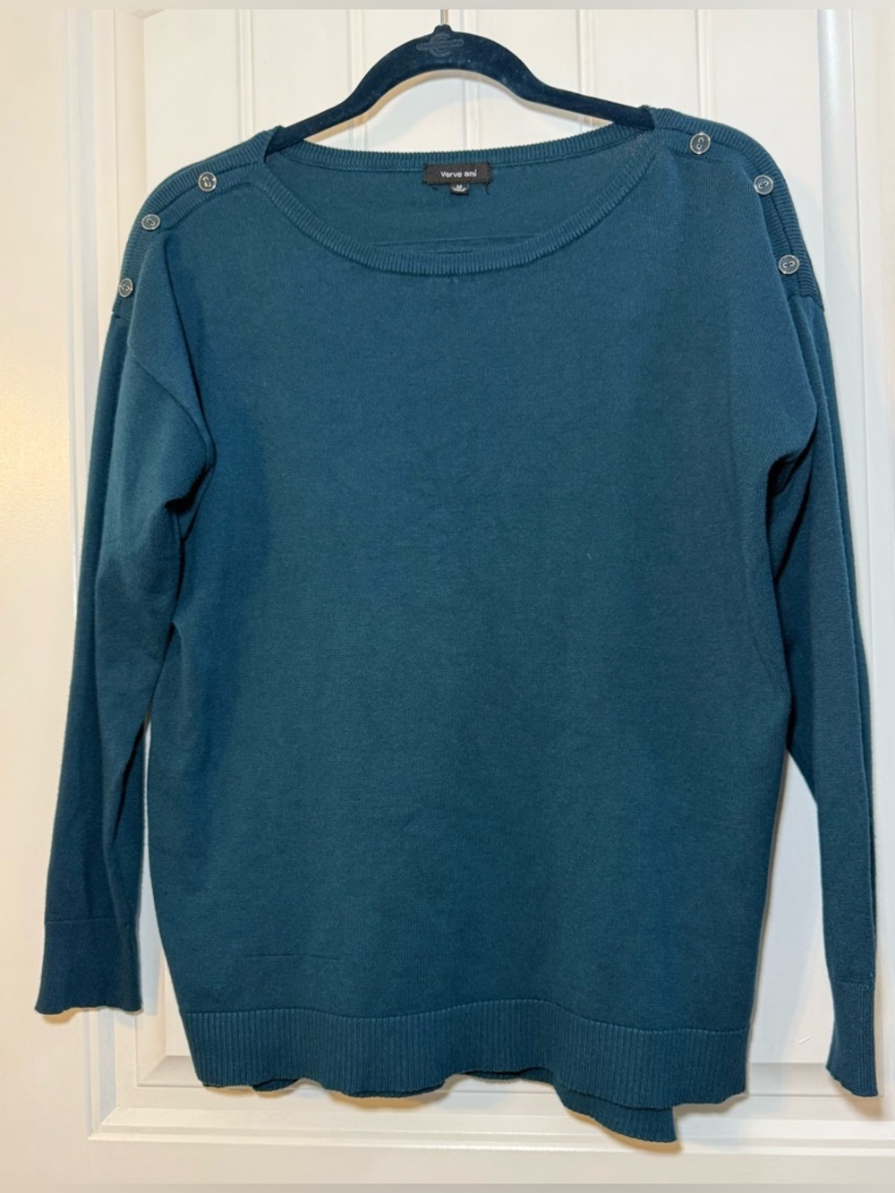 Teal Button Shoulder Sweater Women’s Medium Long Sleeve Knit Top